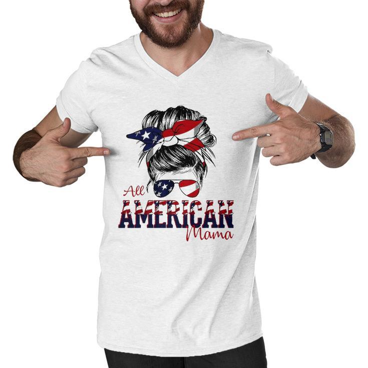 All American Mom 4Th Of July Messy Bun America Flag Men V-Neck Tshirt