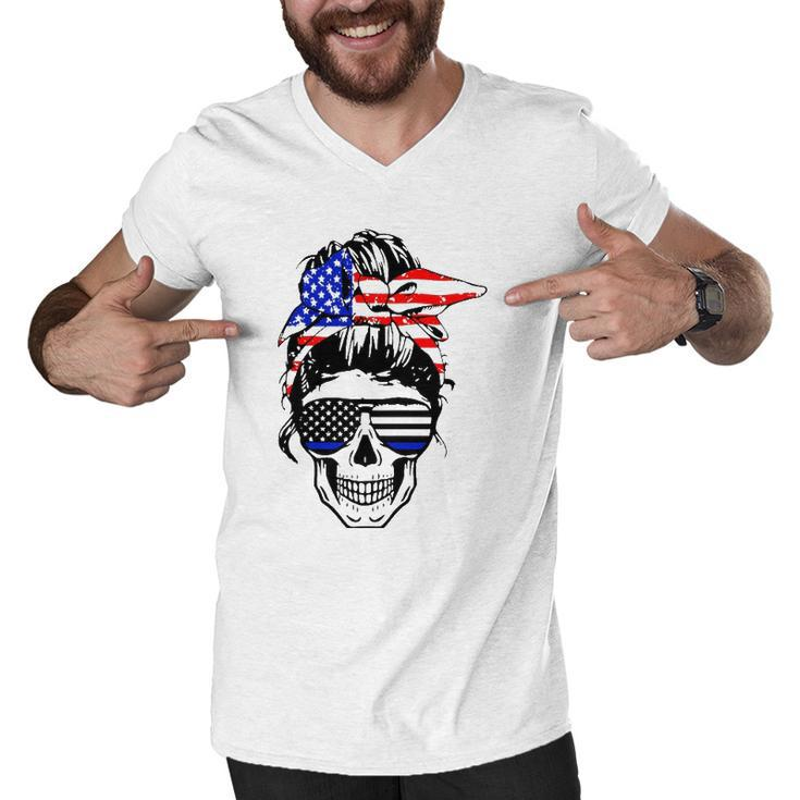 American Flag Skull Mom Patriotic 4Th Of July Police Men V-Neck Tshirt