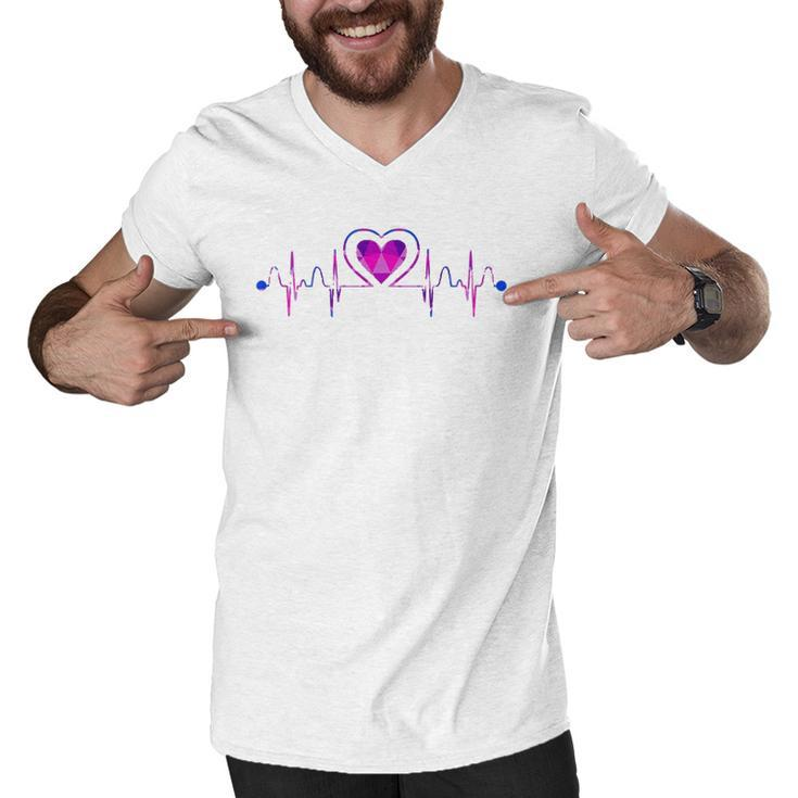 Bisexual Flag Bi Pride Heartbeat Queer Gift Heart Bisexual  Men V-Neck Tshirt