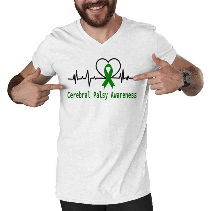 Cerebral Palsy Awareness Heartbeat  Green Ribbon  Cerebral Palsy  Cerebral Palsy Awareness Men V-Neck Tshirt