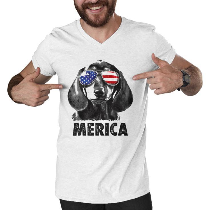 Dachshund 4Th Of July Merica Men American Flag Sunglasses Men V-Neck Tshirt