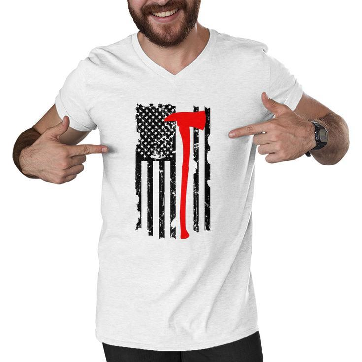 Distressed Patriot Axe Thin Red Line American Flag Men V-Neck Tshirt