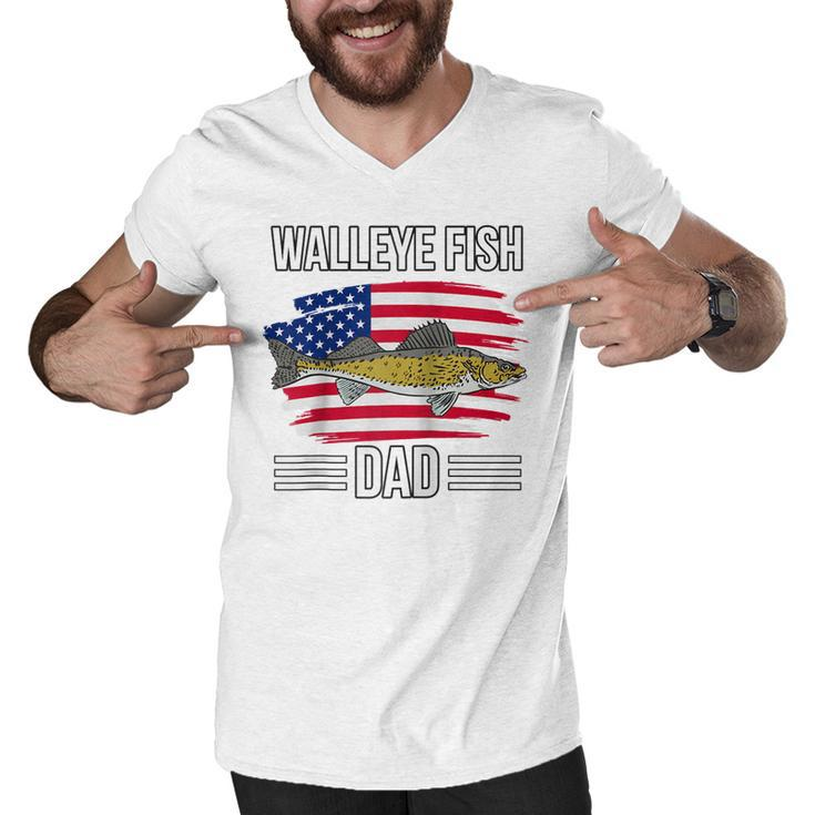 Fish Us Flag 4Th Of July Fathers Day Walleye Fish Dad  Men V-Neck Tshirt