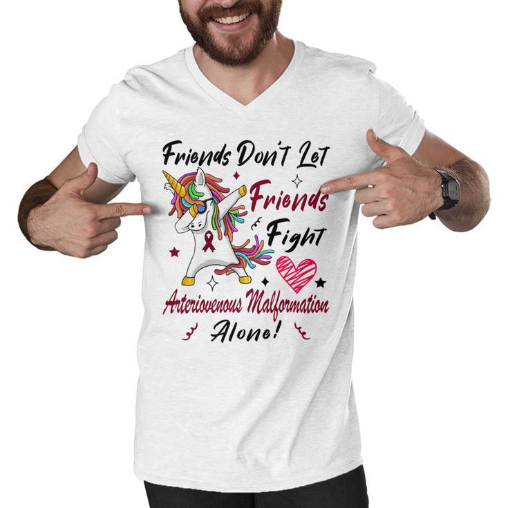 Friends Dont Let Friends Fight Arteriovenous Malformation Alone  Unicorn Burgundy Ribbon  Arteriovenous Malformation Support  Arteriovenous Malformation Awareness Men V-Neck Tshirt