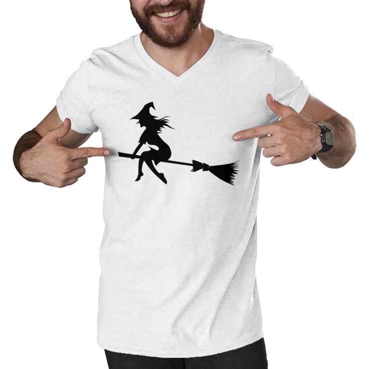 Halloween Young Scary Witch On Broom Pattern Men V-Neck Tshirt