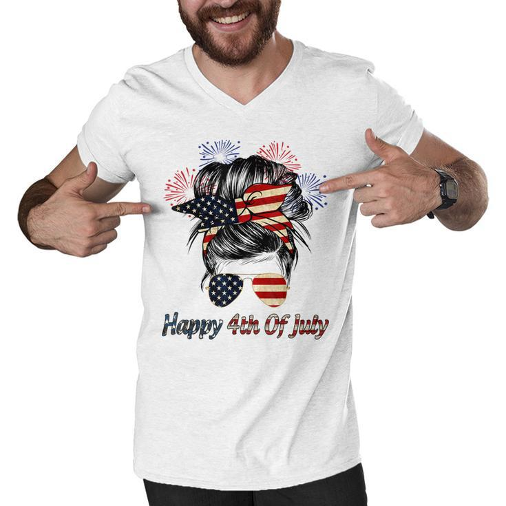 Happy 4Th Of July Messy Bun American Flag Firework  Men V-Neck Tshirt