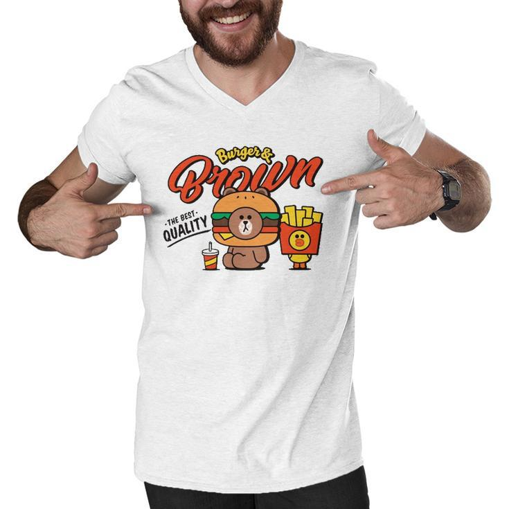 Line Friends Burger & Brown  Men V-Neck Tshirt