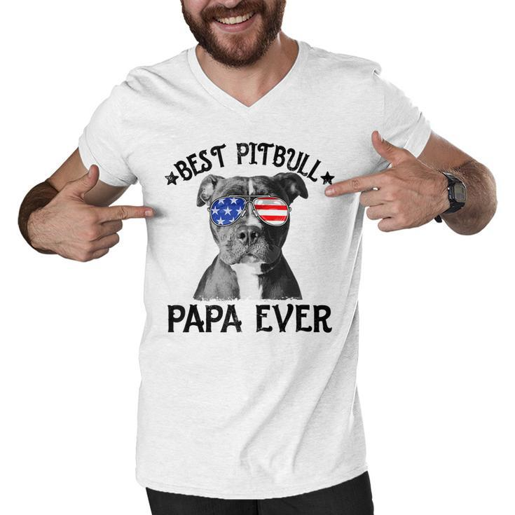 Mens Best Pitbull Papa Ever Dog Dad American Flag 4Th Of July  Men V-Neck Tshirt