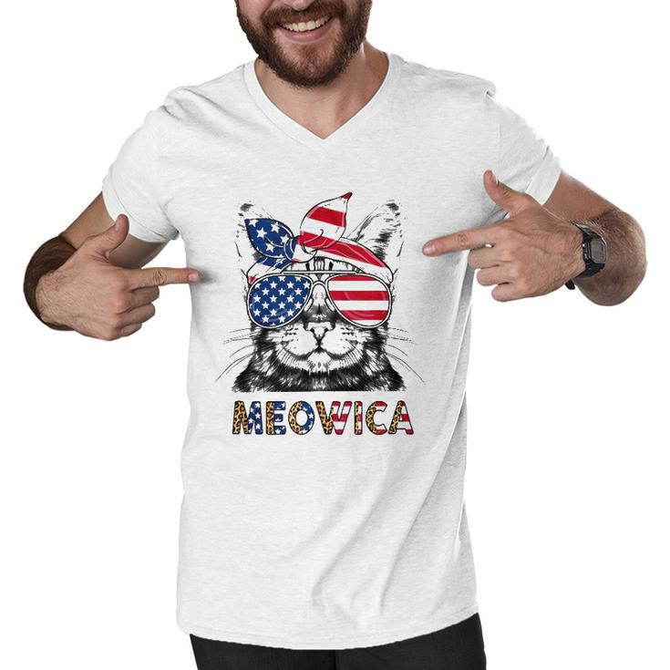 Meowica 4Th Of July Cat American Flag Patriotic Cat Lovers  Men V-Neck Tshirt