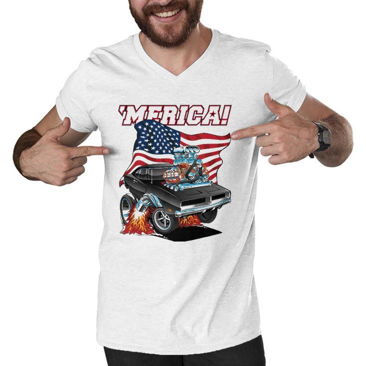 Merica Patriotic Classic Hot Rod Muscle Car Usa Flag Men V-Neck Tshirt