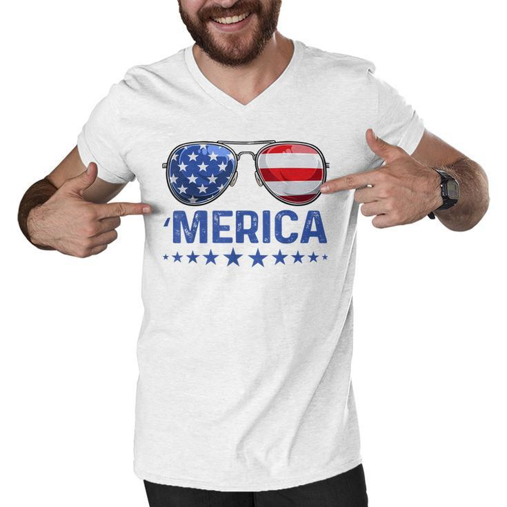 Merica Patriotic Usa Flag Sunglusses 4Th Of July Usa  Men V-Neck Tshirt