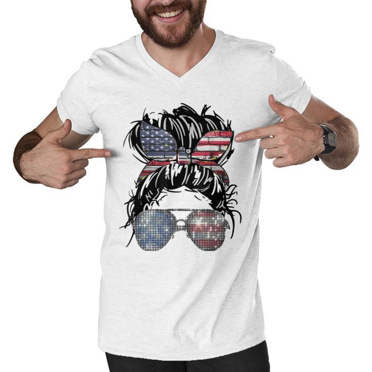 Messy Bun American Flag Glasses 4Th Of July Patriotic  Men V-Neck Tshirt
