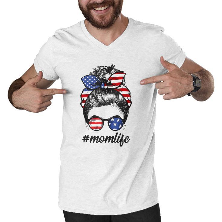 Mom Life Messy Bun America Flag Mothers Day 4Th Of July  Men V-Neck Tshirt