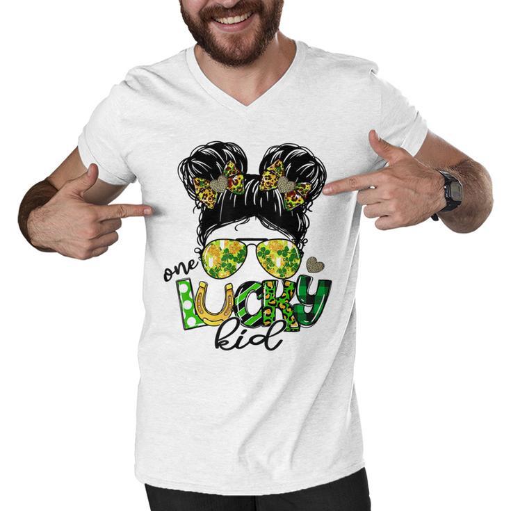 One Lucky Kid Messy Bun Shamrock St Patricks Day Men V-Neck Tshirt