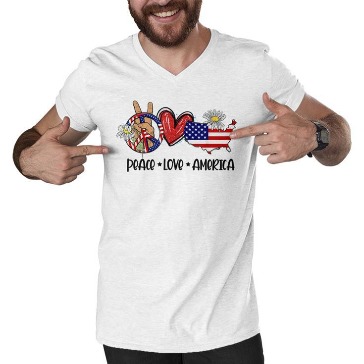 Peace Love America Usa Map Daisy Patriotic 4Th Of July  Men V-Neck Tshirt