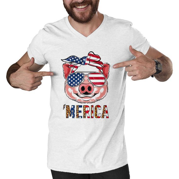 Pig Merica 4Th Of July American Flag Leopard Funny Girls Kid Men V-Neck Tshirt