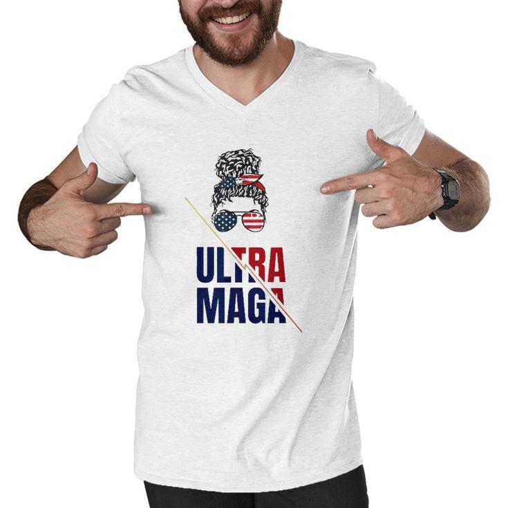 Pro Trump Ultra Mega Messy Bun Usa Flag Anti Joe Biden Men V-Neck Tshirt