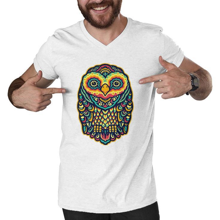 Psychedelic Owl Art Trippy Colors Colorful Rave Party Bird Men V-Neck Tshirt
