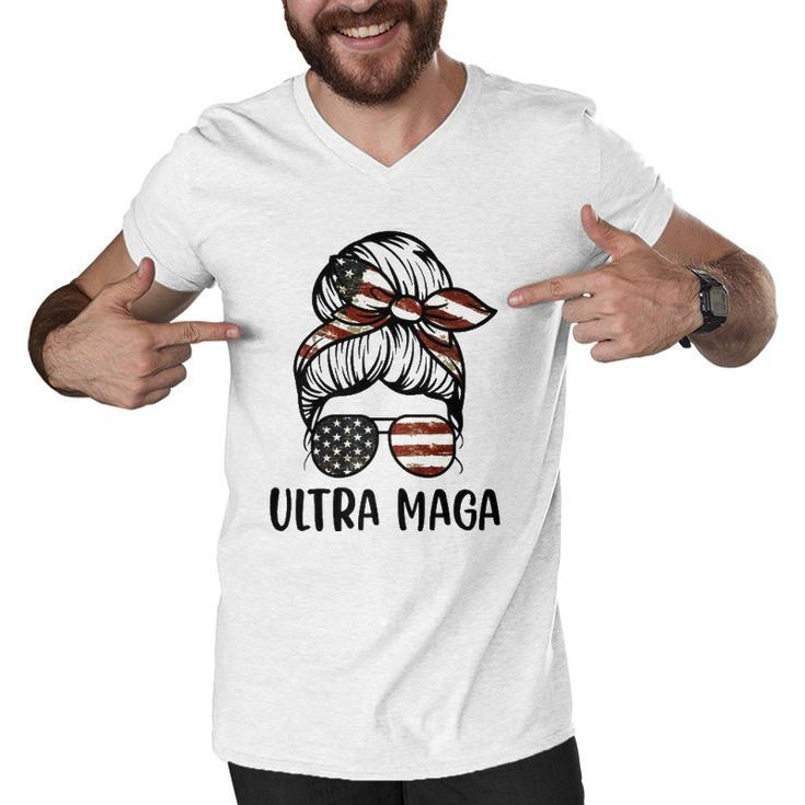 Ultra Maga American Flag Messy Bun  Men V-Neck Tshirt