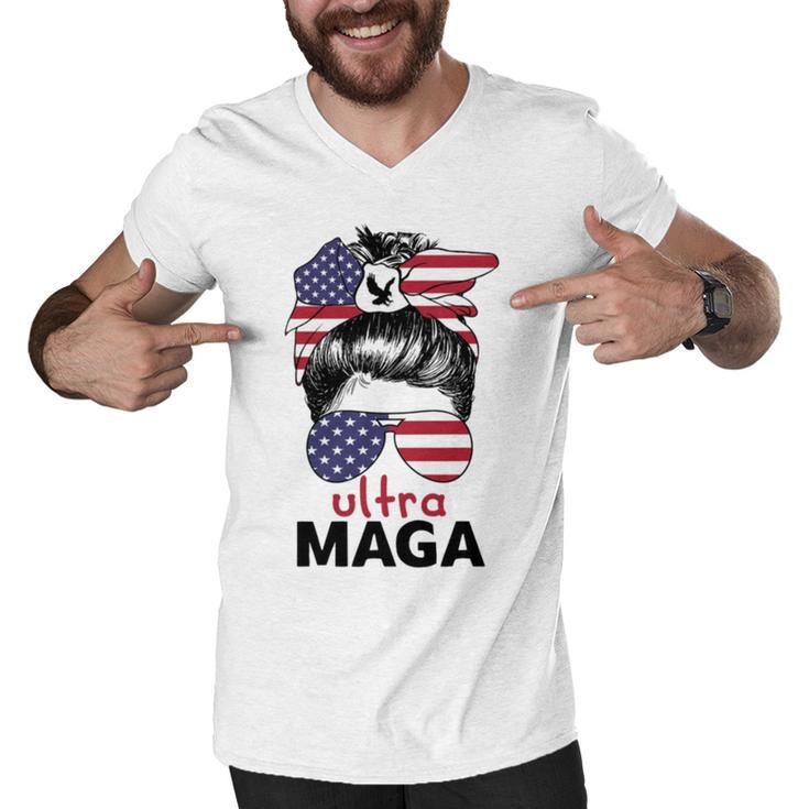 Ultra Maga American Flag Womens Messy Bun Wearing Glasses Men V-Neck Tshirt