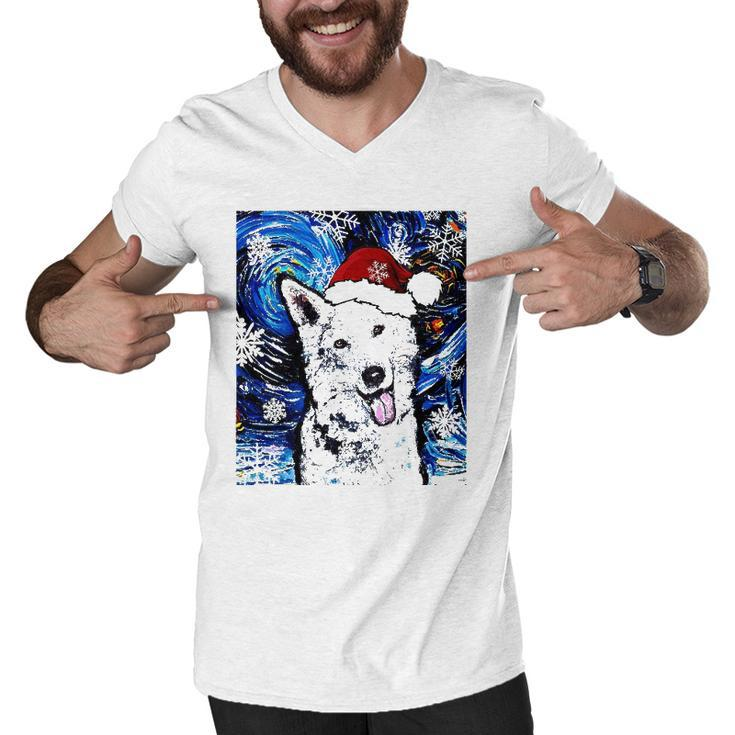 White German Shepherd Santa Starry Night Dog Christmas Men V-Neck Tshirt