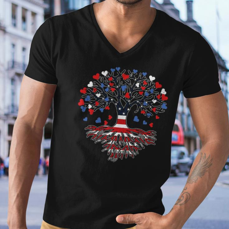 American Tree 4Th Of July Usa Flag Hearts Roots Patriotic Men V-Neck Tshirt