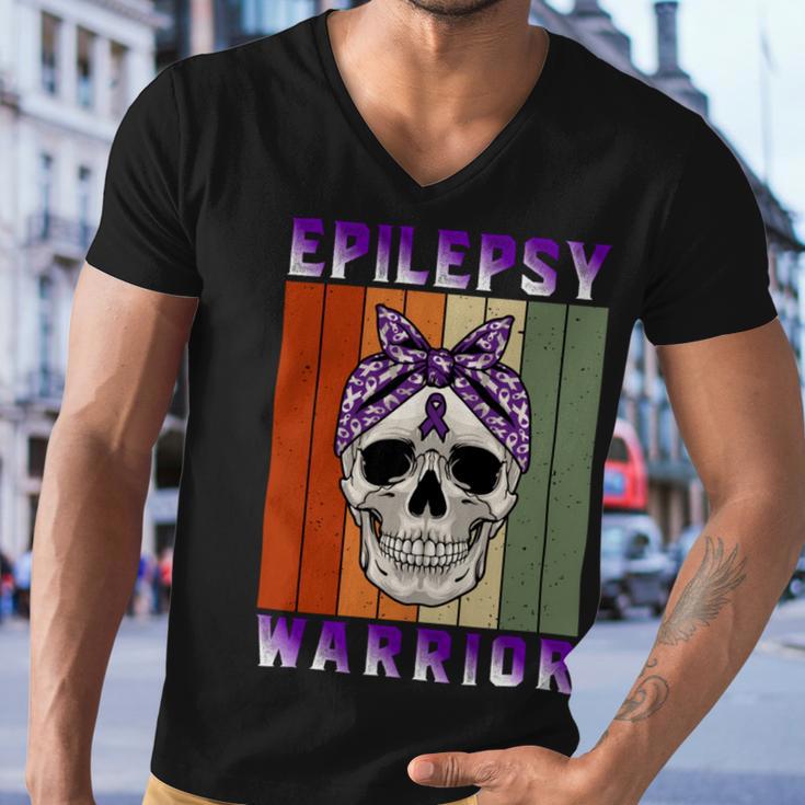 Epilepsy Warrior Skull Women Vintage Purple Ribbon Epilepsy Epilepsy Awareness Men V-Neck Tshirt