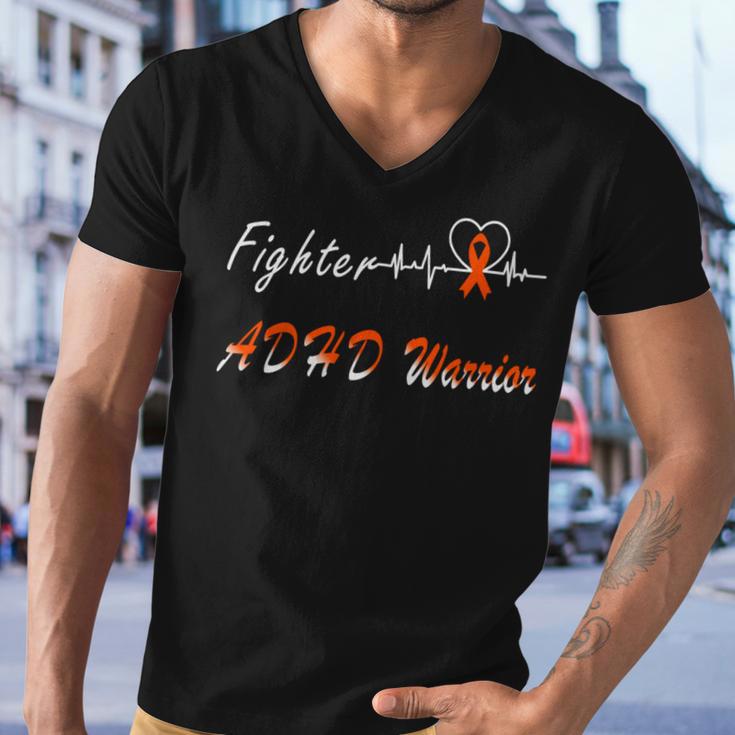 Fighter Adhd Warrior Heartbeat Orange Ribbon Attention Deficit Hyperactivity Disorder Adhd Awareness Men V-Neck Tshirt