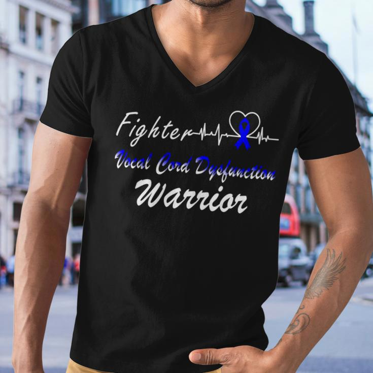 Fighter Vocal Cord Dysfunction Warrior Heartbeat Blue Ribbon Vcd Vocal Cord Dysfunction Awareness Men V-Neck Tshirt