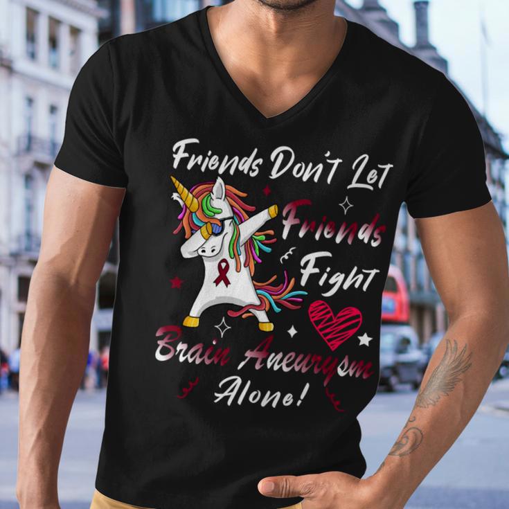 Friends Dont Let Friends Fight Brain Aneurysm Alone Unicorn Burgundy Ribbon Brain Aneurysm Bpd Brain Aneurysm V2 Men V-Neck Tshirt