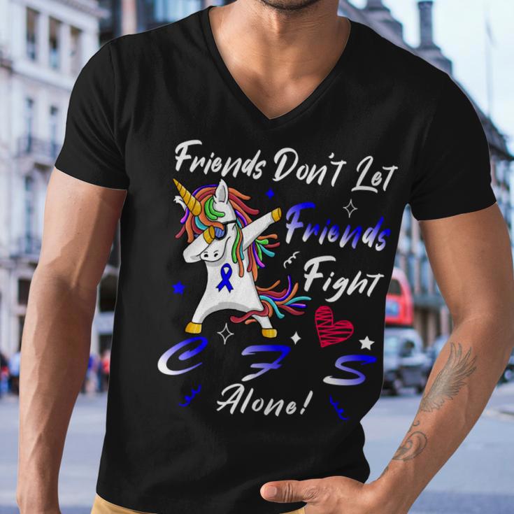 Friends Dont Let Friends Fight Chronic Fatigue Syndrome Cfs Alone Unicorn Blue Ribbon Chronic Fatigue Syndrome Support Cfs Awareness V2 Men V-Neck Tshirt