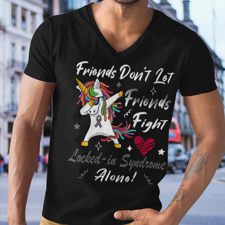 Friends Dont Let Friends Fight Lockedin Syndrome Alone Unicorn Silver Ribbon Lockedin Syndrome Lockedin Syndrome Awareness Men V-Neck Tshirt