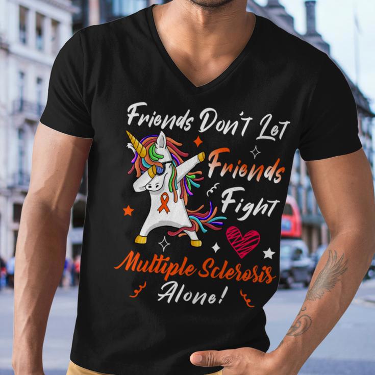 Friends Dont Let Friends Fight Multiple Sclerosis Alone Unicorn Orange Ribbon Multiple Sclerosis Multiple Sclerosis Awareness Men V-Neck Tshirt