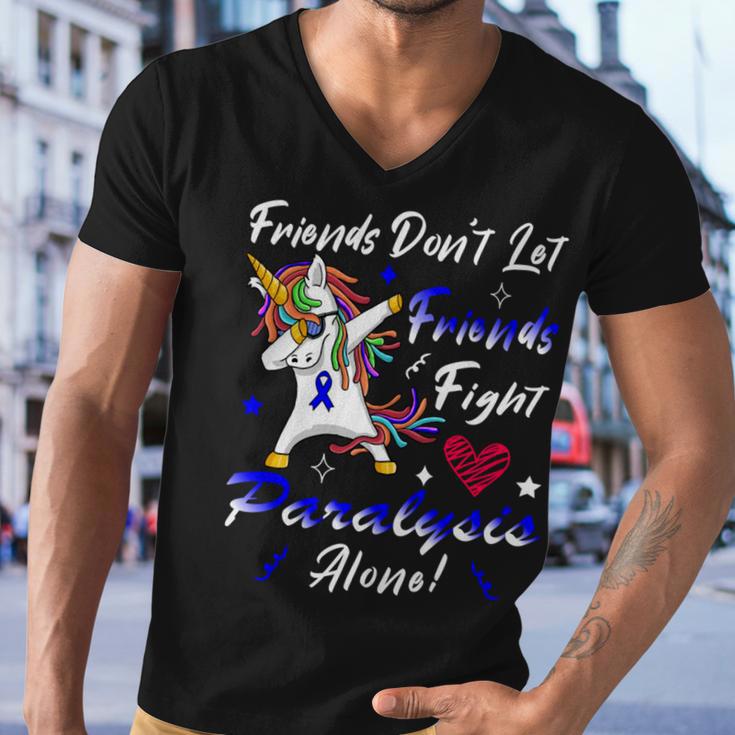 Friends Dont Let Friends Fight Paralysis Alone Unicorn Blue Ribbon Paralysis Paralysis Awareness Men V-Neck Tshirt