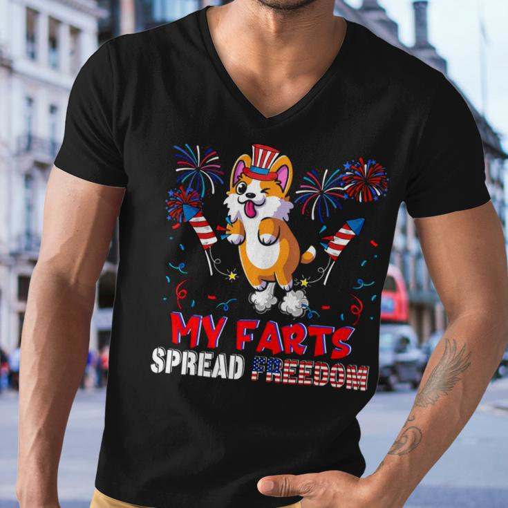 My Farts Spread Freedom Funny American Flag Corgi Fireworks V3 Men V-Neck Tshirt