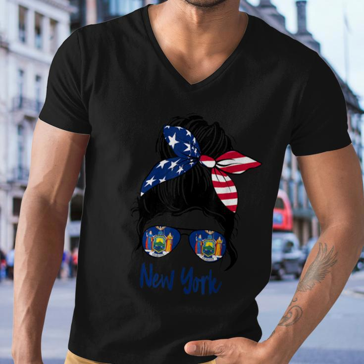 New York Girl New York Flag State Girlfriend Messy Bun Men V-Neck Tshirt