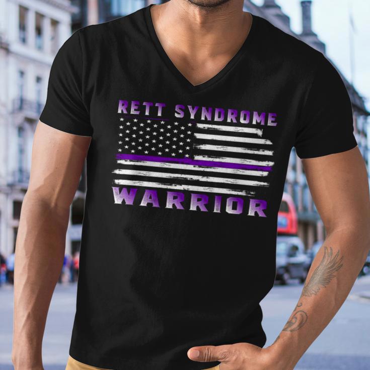 Rett Syndrome Warrior Usa Flag United States Flag Purple Ribbon Rett Syndrome Rett Syndrome Awareness Men V-Neck Tshirt