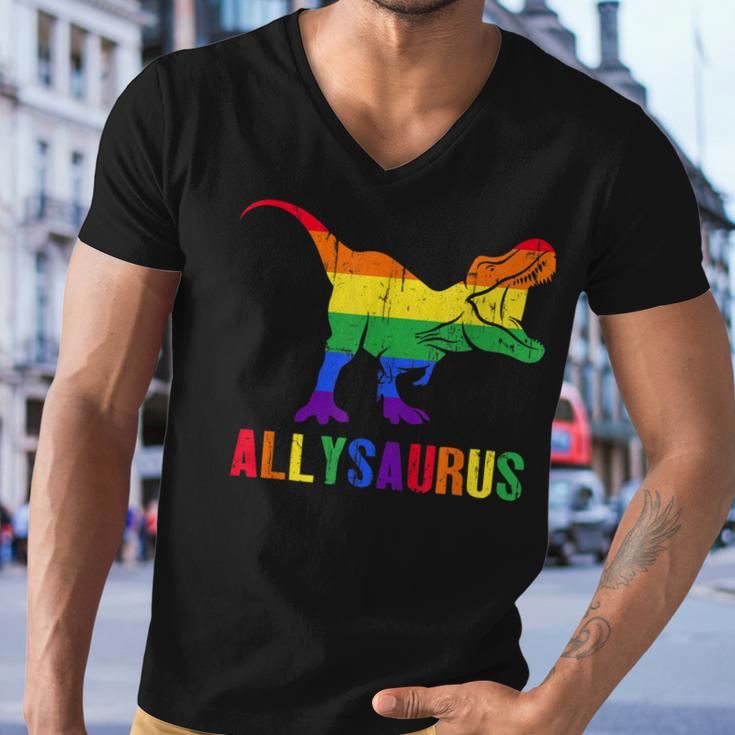 T Rex Dinosaur Lgbt Gay Pride Flag Allysaurus Ally Men V-Neck Tshirt