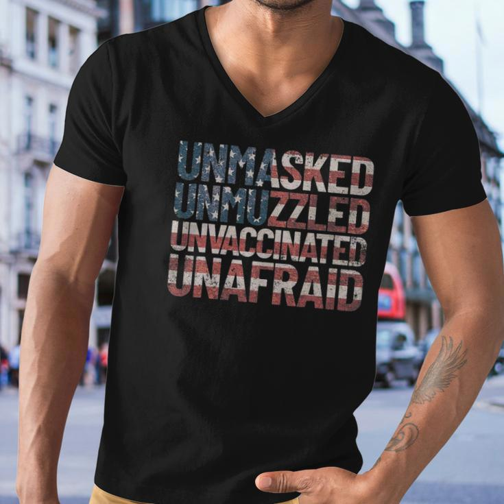 Unmasked Unmuzzled Unvaccinated Unafraid Usa Flag July 4Th Men V-Neck Tshirt