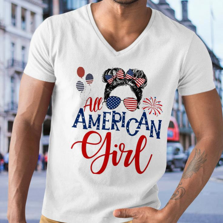 All American Girl 4Th Of July Messy Bun Sunglasses Usa Flag Men V-Neck Tshirt