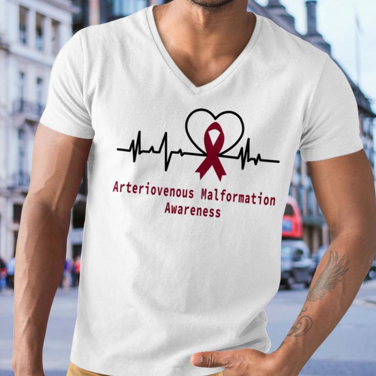 Arteriovenous Malformation Awareness Heartbeat Burgundy Ribbon Arteriovenous Malformation Support Arteriovenous Malformation Awareness Men V-Neck Tshirt