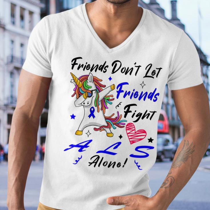 Friends Dont Let Friends Fight Als Alone Unicorn Blue Ribbon Amyotrophic Lateral Sclerosis Support Als Awareness Men V-Neck Tshirt