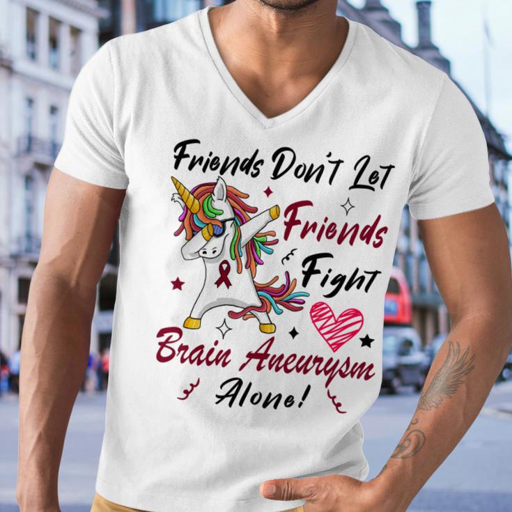 Friends Dont Let Friends Fight Brain Aneurysm Alone Unicorn Burgundy Ribbon Brain Aneurysm Bpd Brain Aneurysm Men V-Neck Tshirt