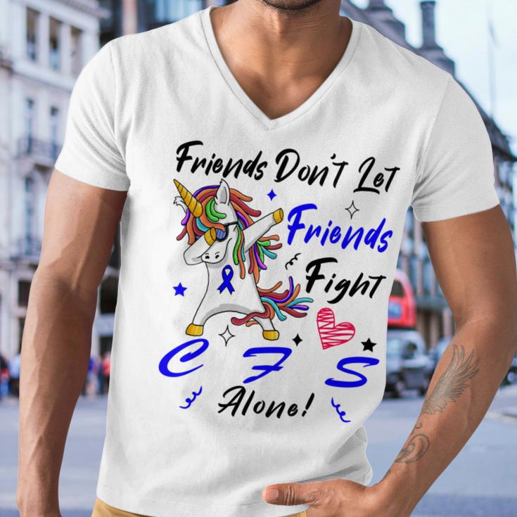 Friends Dont Let Friends Fight Chronic Fatigue Syndrome Cfs Alone Unicorn Blue Ribbon Chronic Fatigue Syndrome Support Cfs Awareness Men V-Neck Tshirt