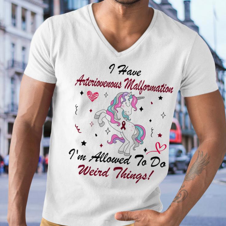 I Have Arteriovenous Malformation Im Allowed To Do Weird Things Funny Unicorn Burgundy Ribbon Arteriovenous Malformation Support Arteriovenous Malformation Awareness Men V-Neck Tshirt