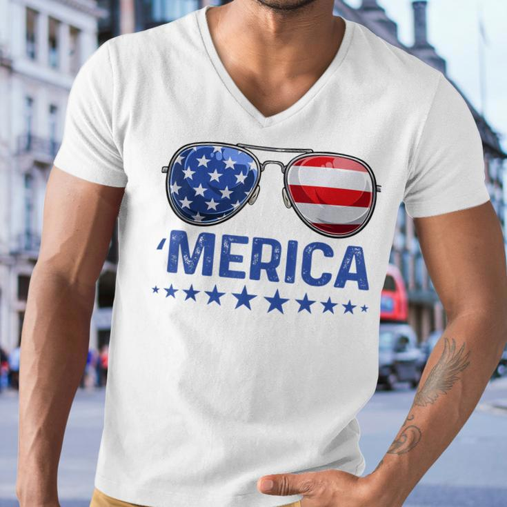 Merica Patriotic Usa Flag Sunglusses 4Th Of July Usa Men V-Neck Tshirt