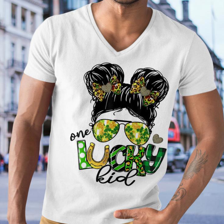 One Lucky Kid Messy Bun Shamrock St Patricks Day Men V-Neck Tshirt