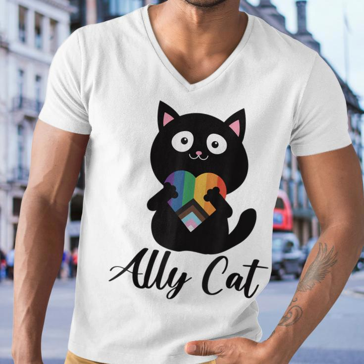 Rainbow Ally Cat Lgbt Gay Pride Flag Heart Men Women Kids Men V-Neck Tshirt