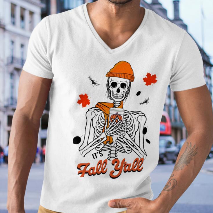 Skeleton It’S Fall Y’All Thanksgiving Funny Autumn Halloween Men V-Neck Tshirt