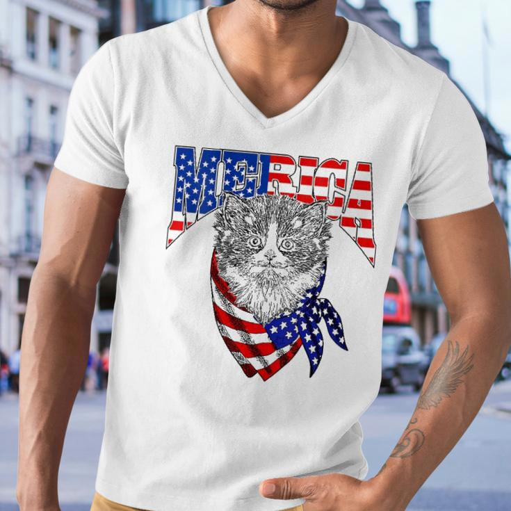 Womens Merica Cat Happy 4Th Of July American Flag Great Family Gift V-Neck Men V-Neck Tshirt